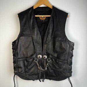 Harley-Davidson Men's Genuine Leather Black Biker Leather VTG Conghos Vest - M